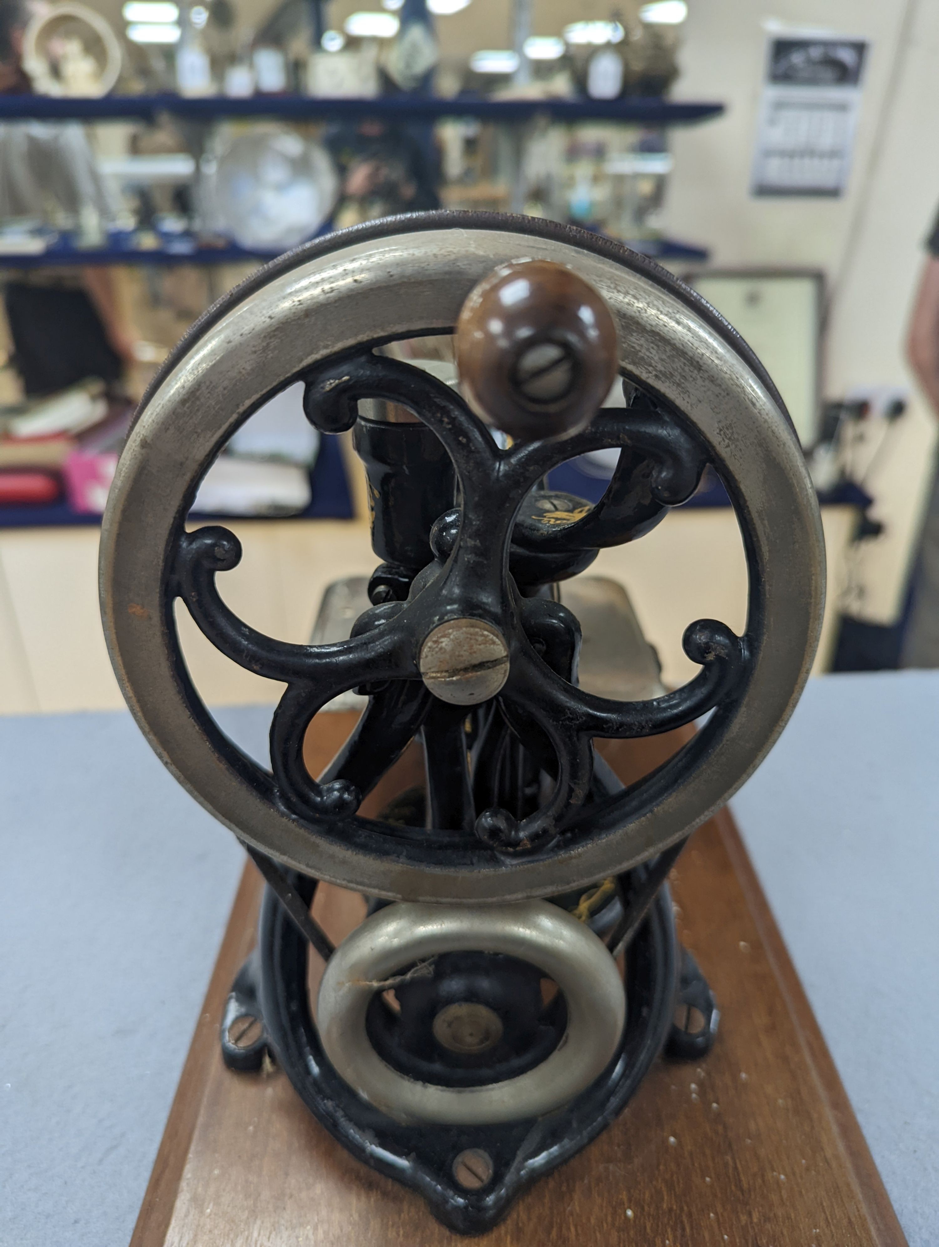 A Victorian sewing machine, Corona typewriter and two microscopes